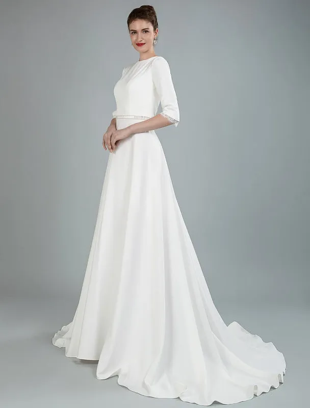 Simple Wedding Dress Beaded Sash Backless Bateau Neck Half Sleeves A Line Bridal Gowns With Court Train Exclusive