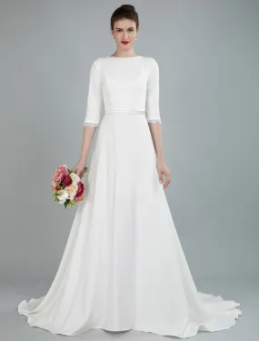 Simple Wedding Dress Beaded Sash Backless Bateau Neck Half Sleeves A Line Bridal Gowns With Court Train Exclusive