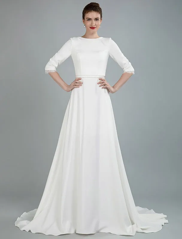 Simple Wedding Dress Beaded Sash Backless Bateau Neck Half Sleeves A Line Bridal Gowns With Court Train Exclusive