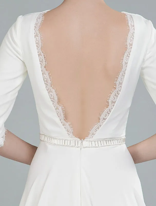 Simple Wedding Dress Beaded Sash Backless Bateau Neck Half Sleeves A Line Bridal Gowns With Court Train Exclusive