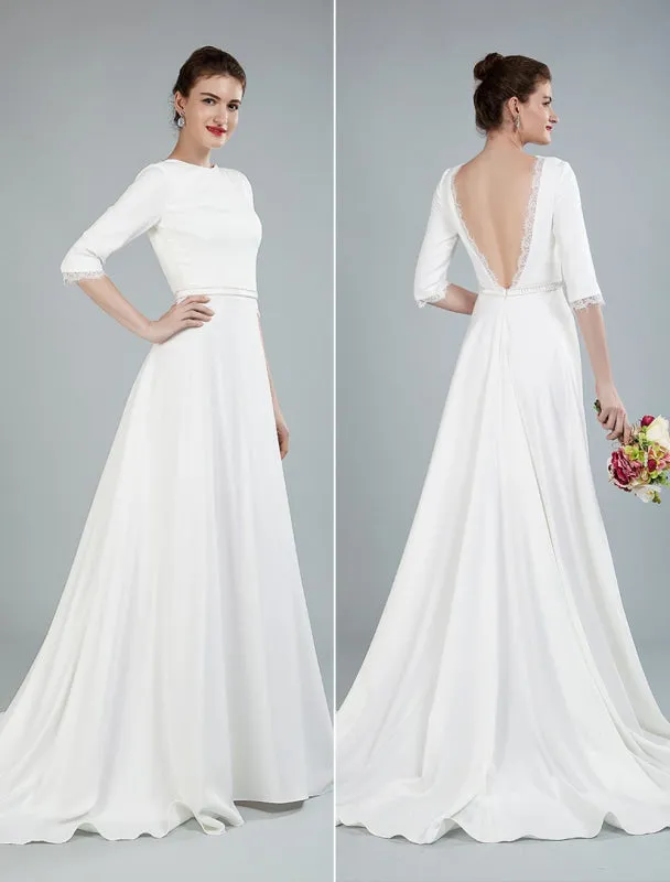 Simple Wedding Dress Beaded Sash Backless Bateau Neck Half Sleeves A Line Bridal Gowns With Court Train Exclusive