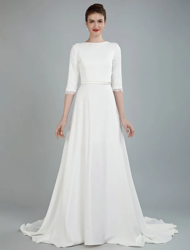 Simple Wedding Dress Beaded Sash Backless Bateau Neck Half Sleeves A Line Bridal Gowns With Court Train Exclusive