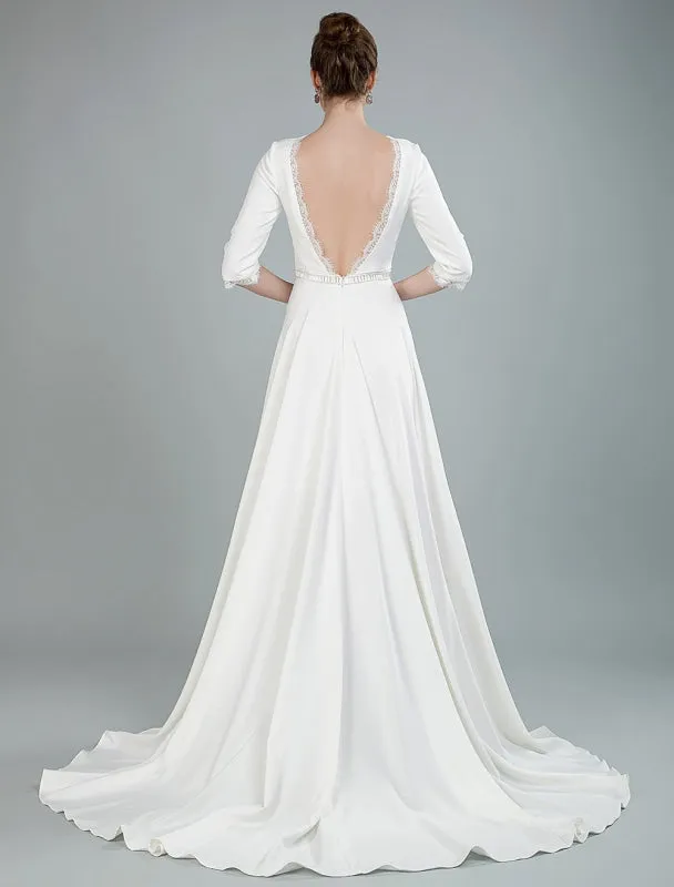 Simple Wedding Dress Beaded Sash Backless Bateau Neck Half Sleeves A Line Bridal Gowns With Court Train Exclusive