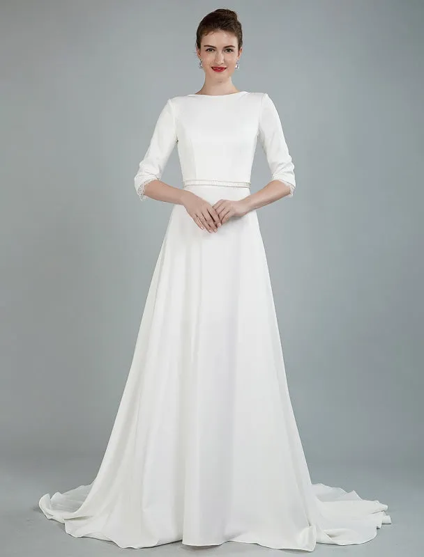 Simple Wedding Dress Beaded Sash Backless Bateau Neck Half Sleeves A Line Bridal Gowns With Court Train Exclusive