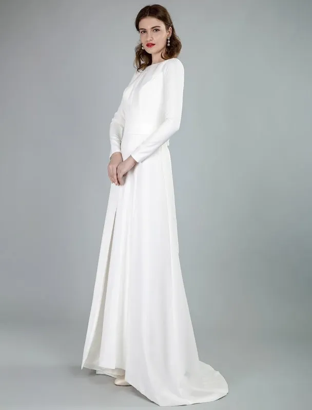 Simple Wedding Dress Lycra Spandex Bateau Neck Long Sleeves Split Front A Line Bridal Dresses Exclusive