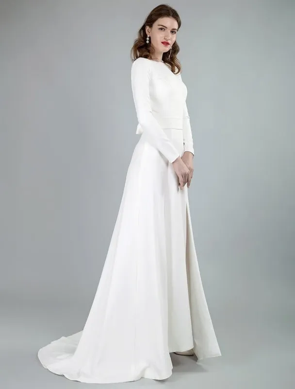 Simple Wedding Dress Lycra Spandex Bateau Neck Long Sleeves Split Front A Line Bridal Dresses Exclusive