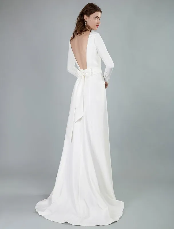 Simple Wedding Dress Lycra Spandex Bateau Neck Long Sleeves Split Front A Line Bridal Dresses Exclusive