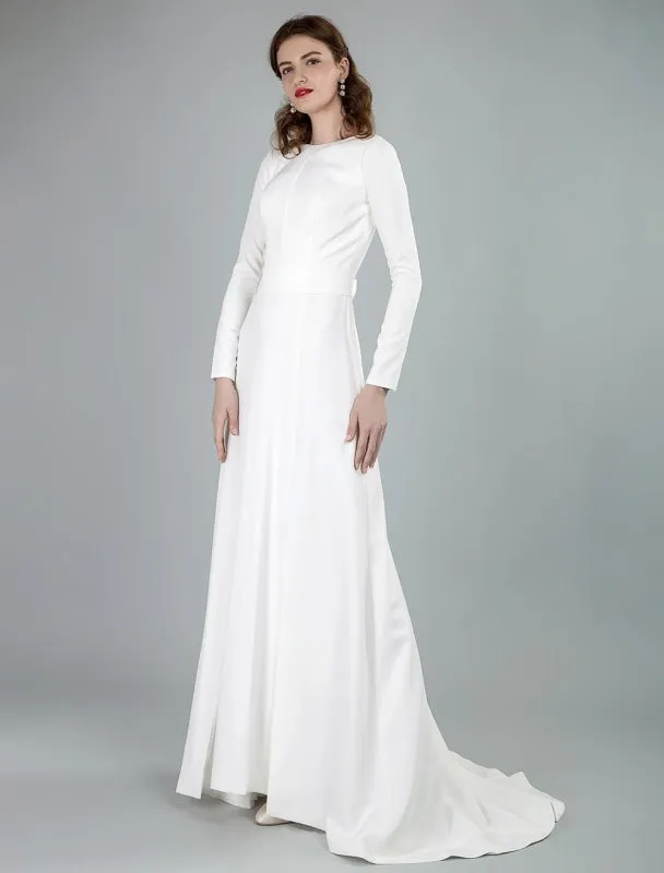 Simple Wedding Dress Lycra Spandex Bateau Neck Long Sleeves Split Front A Line Bridal Dresses Exclusive