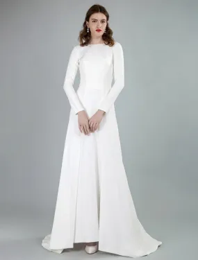 Simple Wedding Dress Lycra Spandex Bateau Neck Long Sleeves Split Front A Line Bridal Dresses Exclusive