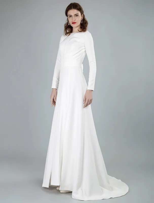 Simple Wedding Dress Lycra Spandex Bateau Neck Long Sleeves Split Front A Line Bridal Dresses Exclusive