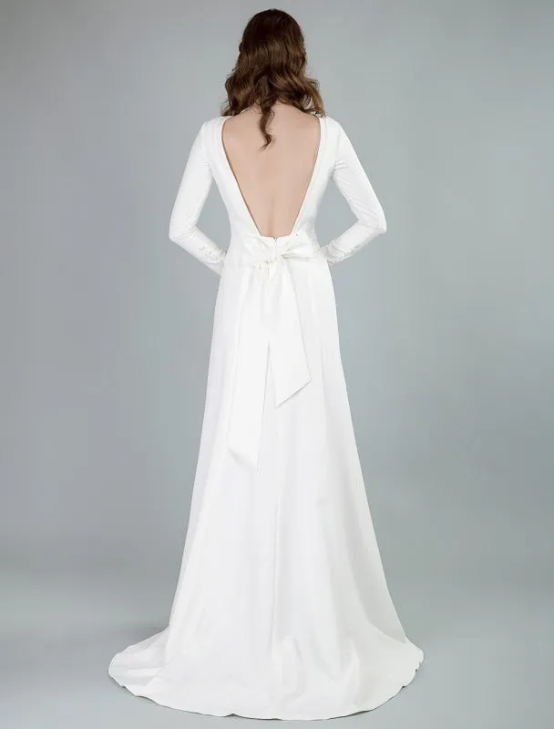 Simple Wedding Dress Lycra Spandex Bateau Neck Long Sleeves Split Front A Line Bridal Dresses Exclusive