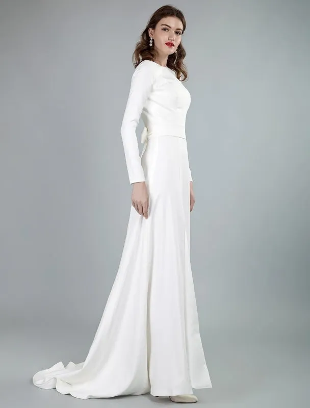 Simple Wedding Dress Lycra Spandex Bateau Neck Long Sleeves Split Front A Line Bridal Dresses Exclusive