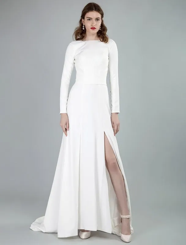 Simple Wedding Dress Lycra Spandex Bateau Neck Long Sleeves Split Front A Line Bridal Dresses Exclusive