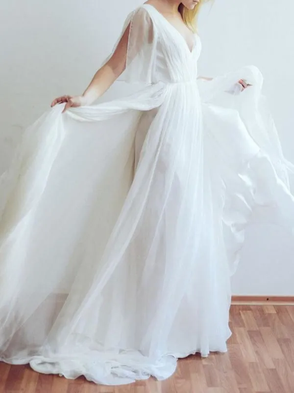 Simple Wedding Dress V Neck Half Sleeves Pleated A Line Floor Length Bridal Dresses