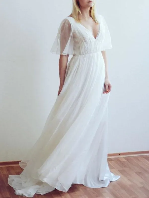 Simple Wedding Dress V Neck Half Sleeves Pleated A Line Floor Length Bridal Dresses