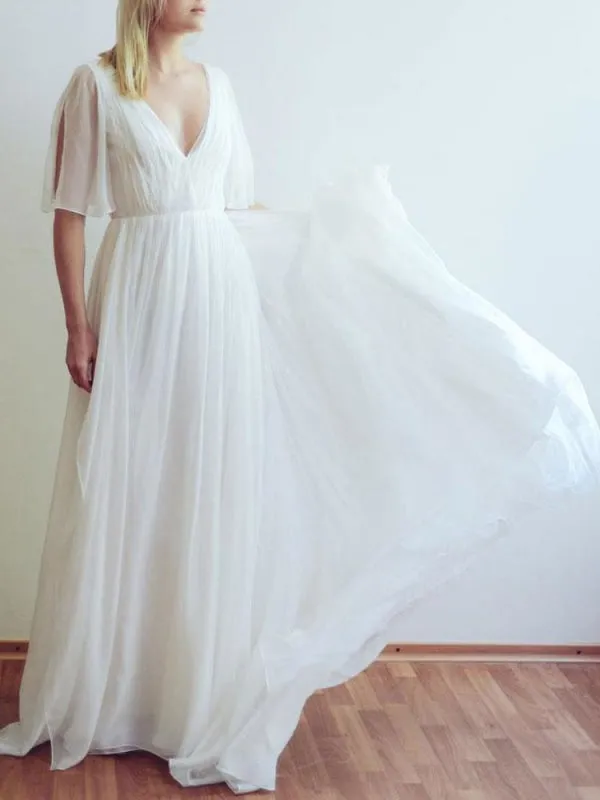 Simple Wedding Dress V Neck Half Sleeves Pleated A Line Floor Length Bridal Dresses