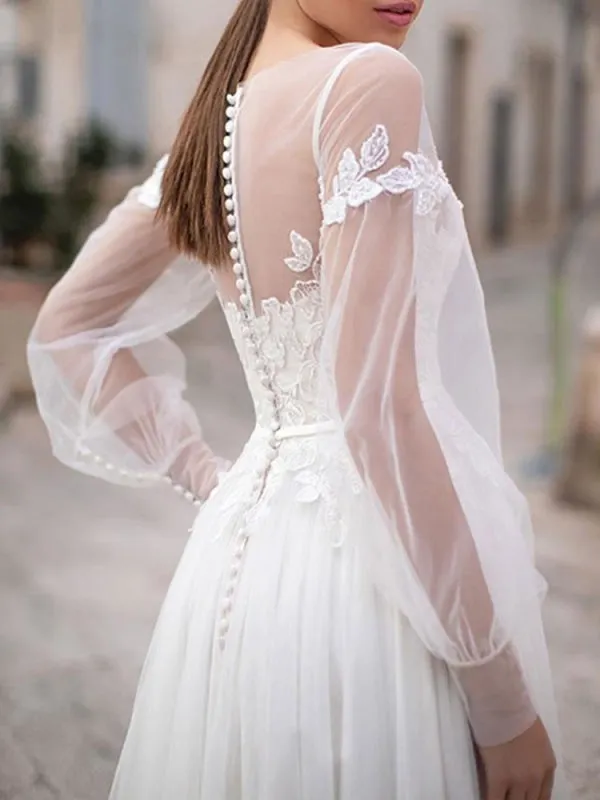 Simple Wedding Dresses 2021 A Line Illusion Neck Long Sleeve Lace Applique Tulle Boho Wedding Gowns