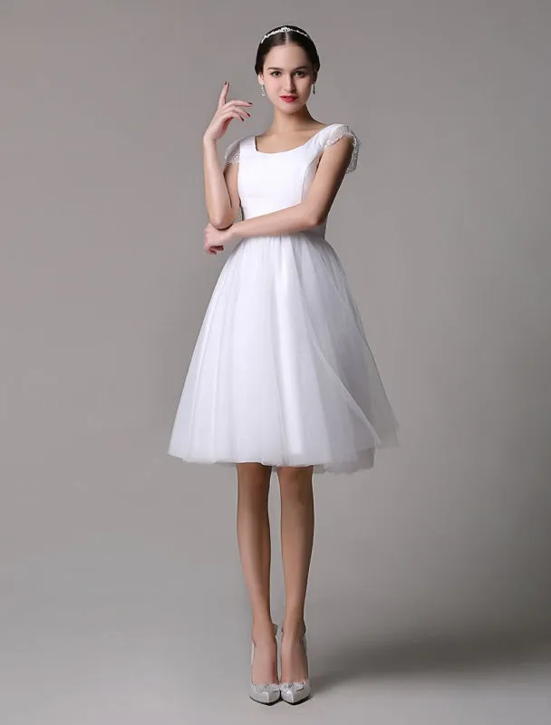 Simple Wedding Dresses Tulle Scoop Neck Knee Length Short Bridal Dress With Lace Cap Sleeves all