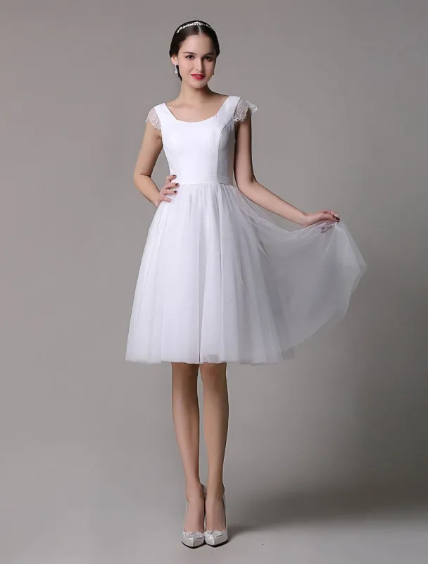 Simple Wedding Dresses Tulle Scoop Neck Knee Length Short Bridal Dress With Lace Cap Sleeves all