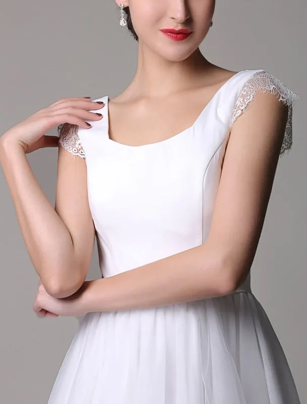 Simple Wedding Dresses Tulle Scoop Neck Knee Length Short Bridal Dress With Lace Cap Sleeves all