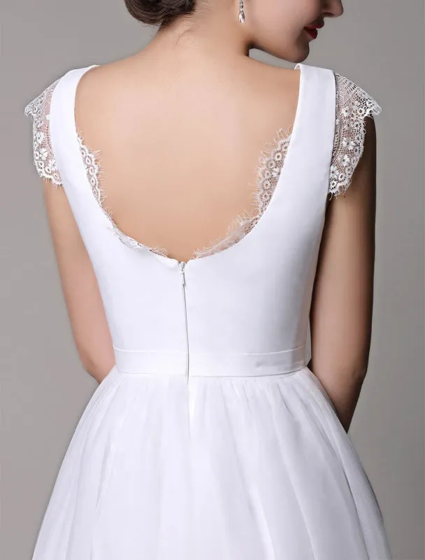 Simple Wedding Dresses Tulle Scoop Neck Knee Length Short Bridal Dress With Lace Cap Sleeves all