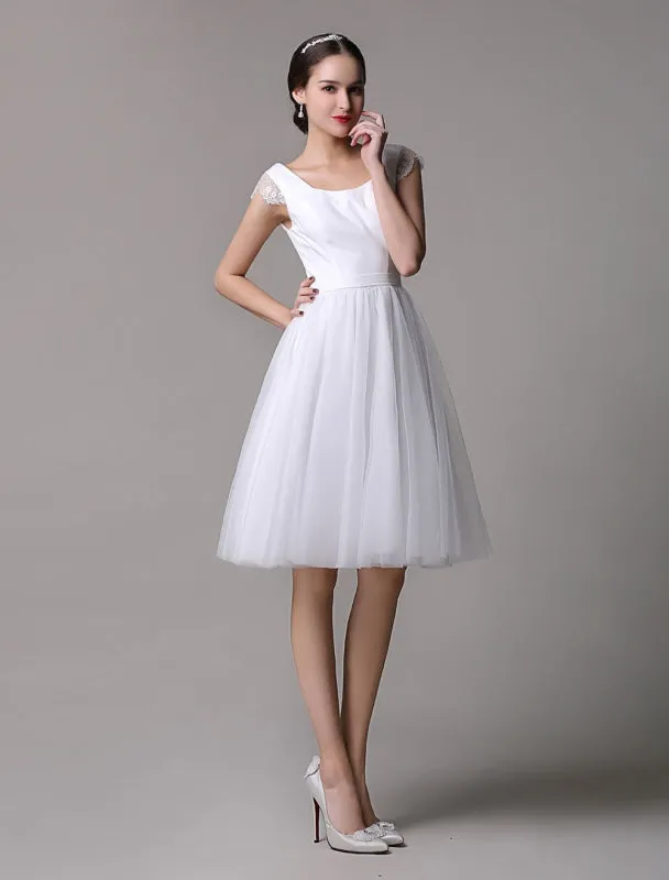 Simple Wedding Dresses Tulle Scoop Neck Knee Length Short Bridal Dress With Lace Cap Sleeves all