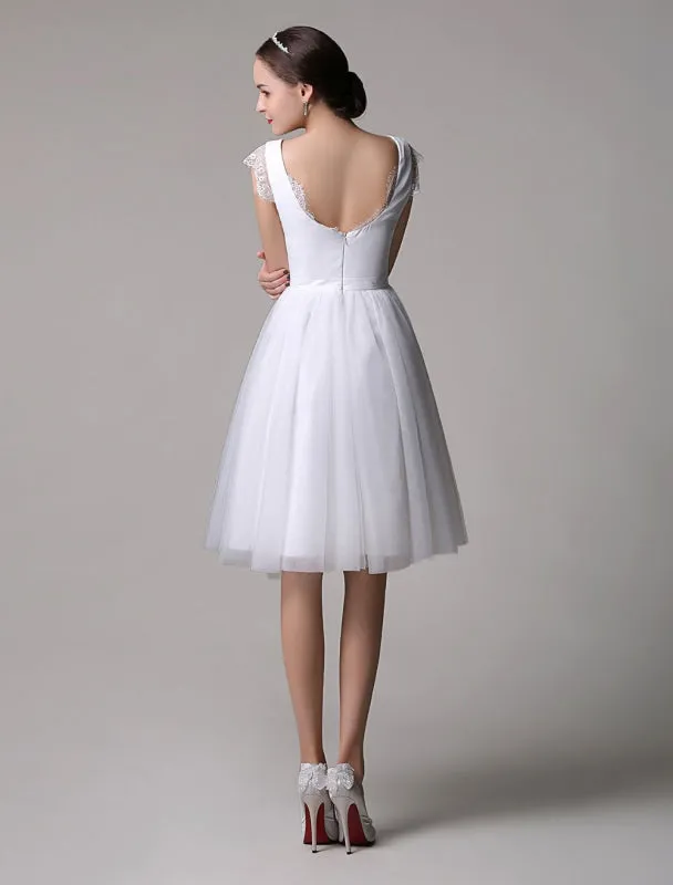 Simple Wedding Dresses Tulle Scoop Neck Knee Length Short Bridal Dress With Lace Cap Sleeves all