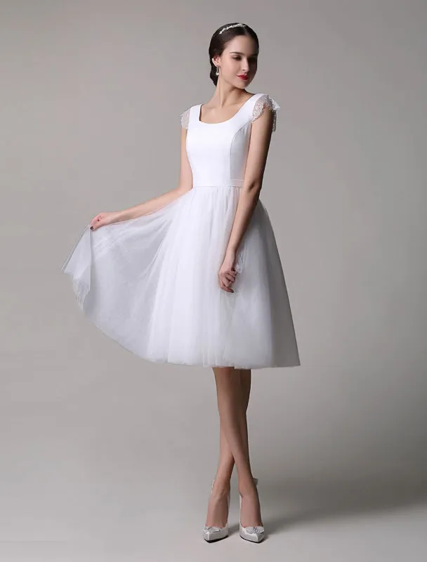 Simple Wedding Dresses Tulle Scoop Neck Knee Length Short Bridal Dress With Lace Cap Sleeves all