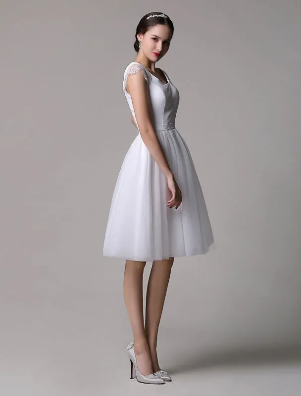 Simple Wedding Dresses Tulle Scoop Neck Knee Length Short Bridal Dress With Lace Cap Sleeves all