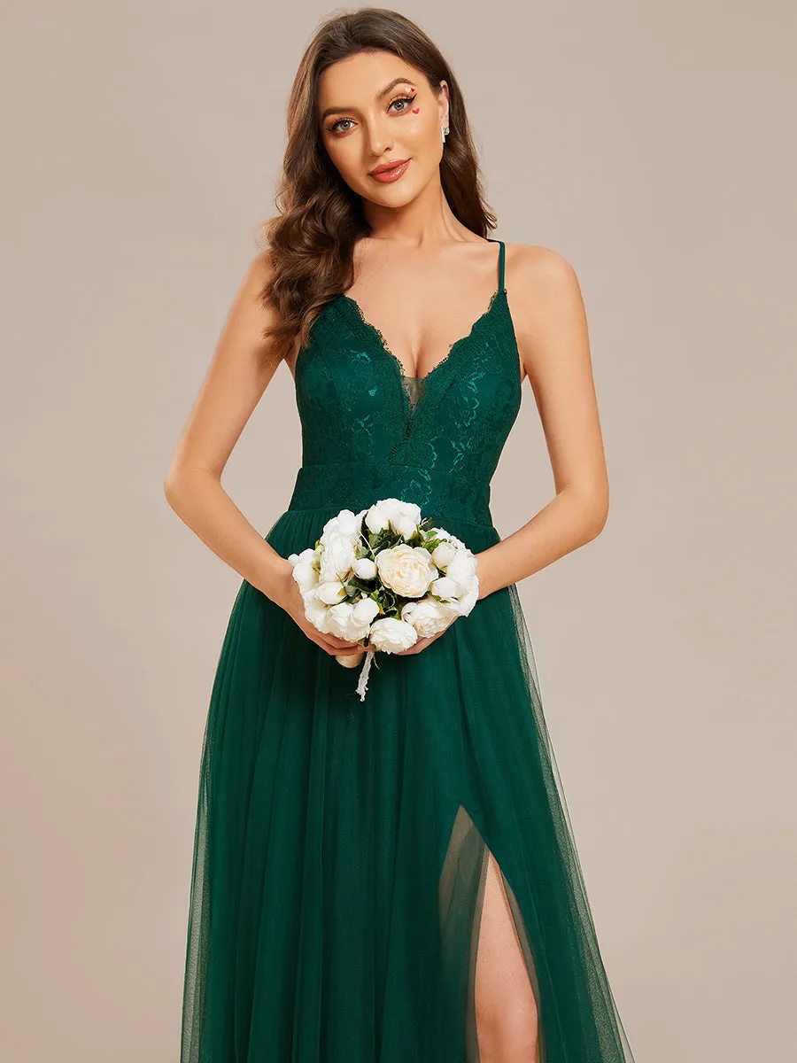 Sleeveless Embroidery Floor Length V Neck Evening Dress with Spaghetti Straps