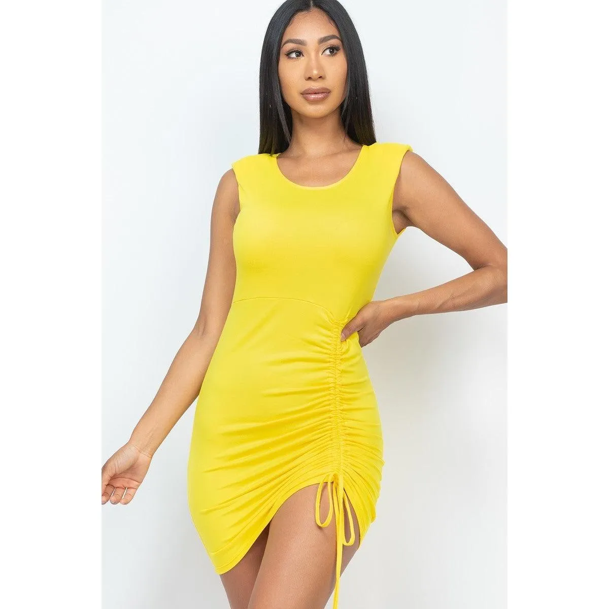 Sleeveless Shoulder Pad Drawstring Ruched Mini Dress