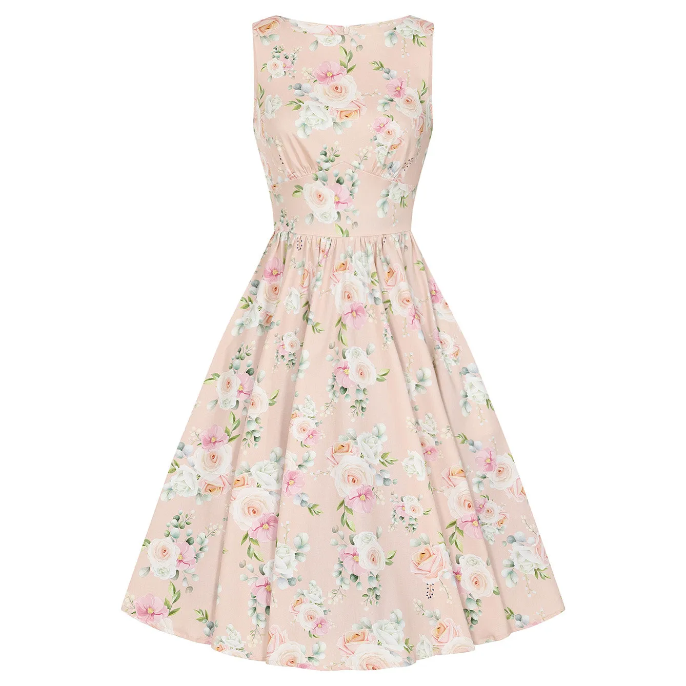 Soft Pink Coral Floral Print Audrey 50s Swing Dress