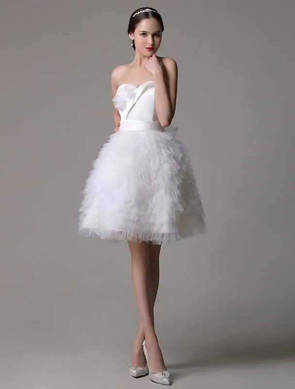 Strapless Sweatheart Satin Short Bridal Gown With Tulle Tired Skirt