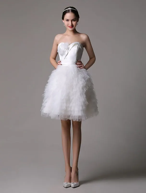 Strapless Sweatheart Satin Short Bridal Gown With Tulle Tired Skirt