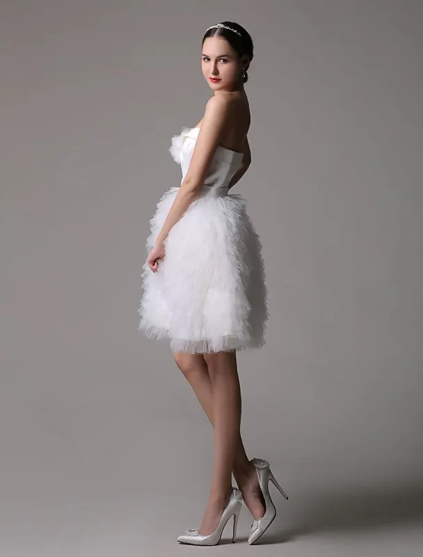 Strapless Sweatheart Satin Short Bridal Gown With Tulle Tired Skirt