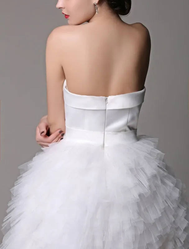 Strapless Sweatheart Satin Short Bridal Gown With Tulle Tired Skirt