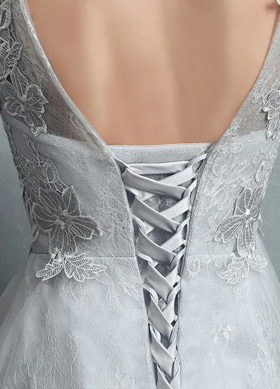 Summer Wedding Dresses 2021 Grey Lace Applique Maxi Bridal Gown Backless Half Sleeve Floor Length Bridal Dress