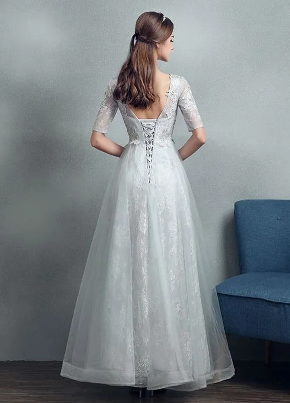 Summer Wedding Dresses 2021 Grey Lace Applique Maxi Bridal Gown Backless Half Sleeve Floor Length Bridal Dress