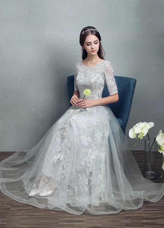 Summer Wedding Dresses 2021 Grey Lace Applique Maxi Bridal Gown Backless Half Sleeve Floor Length Bridal Dress