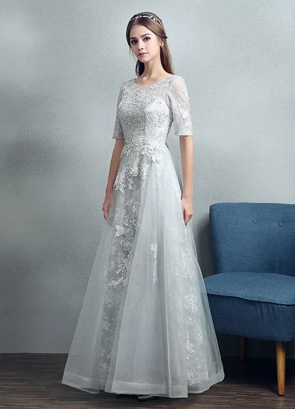 Summer Wedding Dresses 2021 Grey Lace Applique Maxi Bridal Gown Backless Half Sleeve Floor Length Bridal Dress