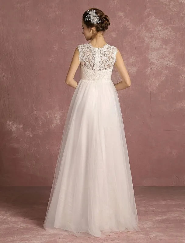 Summer Wedding Dresses 2021 Lace Empire Waist Bridal Gown Illusion Sleeveless Round Neck A Line Floor Length Bridal Dress Exclusive