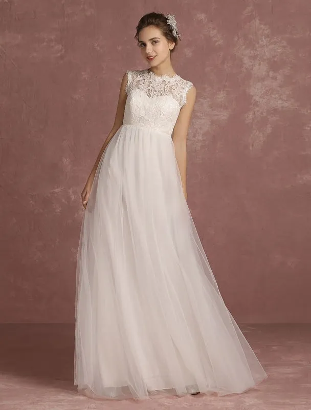 Summer Wedding Dresses 2021 Lace Empire Waist Bridal Gown Illusion Sleeveless Round Neck A Line Floor Length Bridal Dress Exclusive