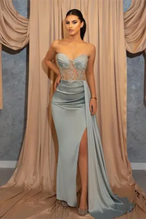 Elegant Light Blue Sweetheart Sleeveless Prom Dress with Beaded Slit and Ruffled Details