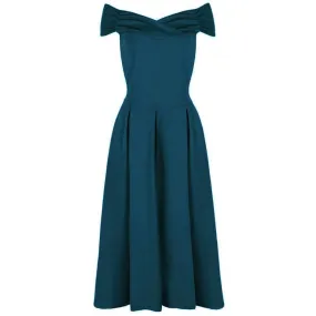 Teal Crossover Bardot 50s Swing Dress