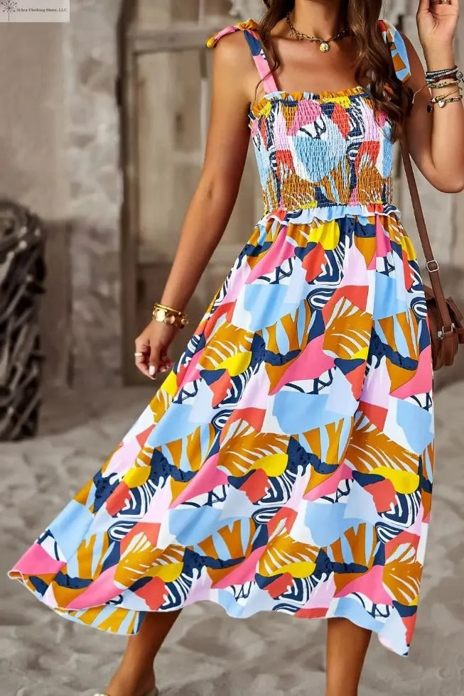 Tropical Midi Dress Tie shoulder