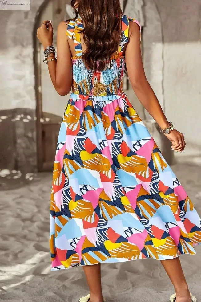 Tropical Midi Dress Tie shoulder