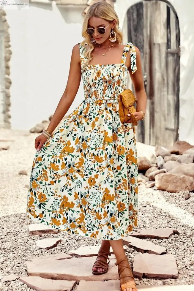 Tropical Midi Dress Tie shoulder