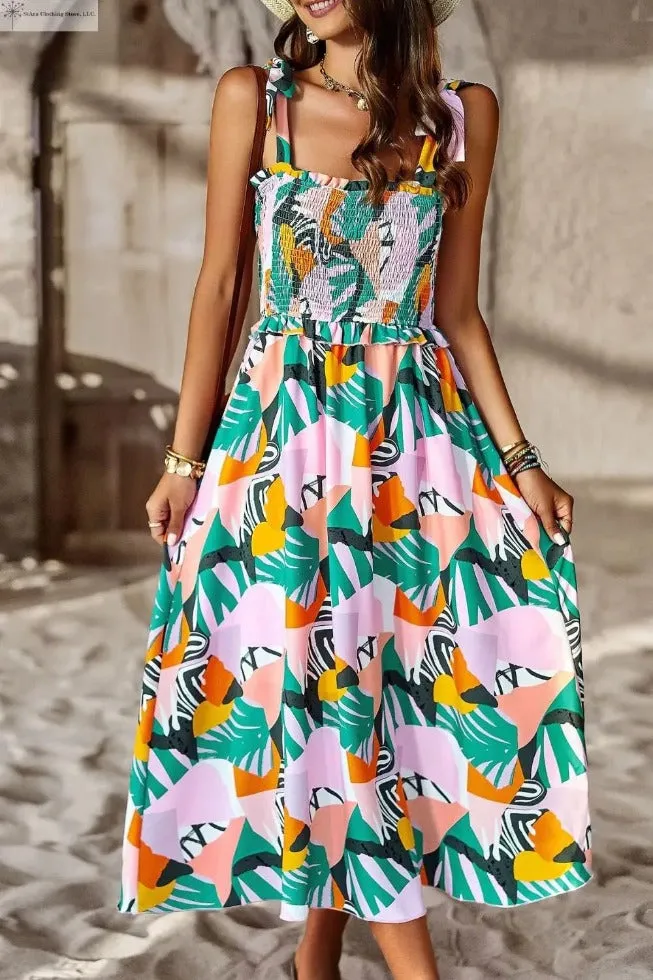 Tropical Midi Dress Tie shoulder