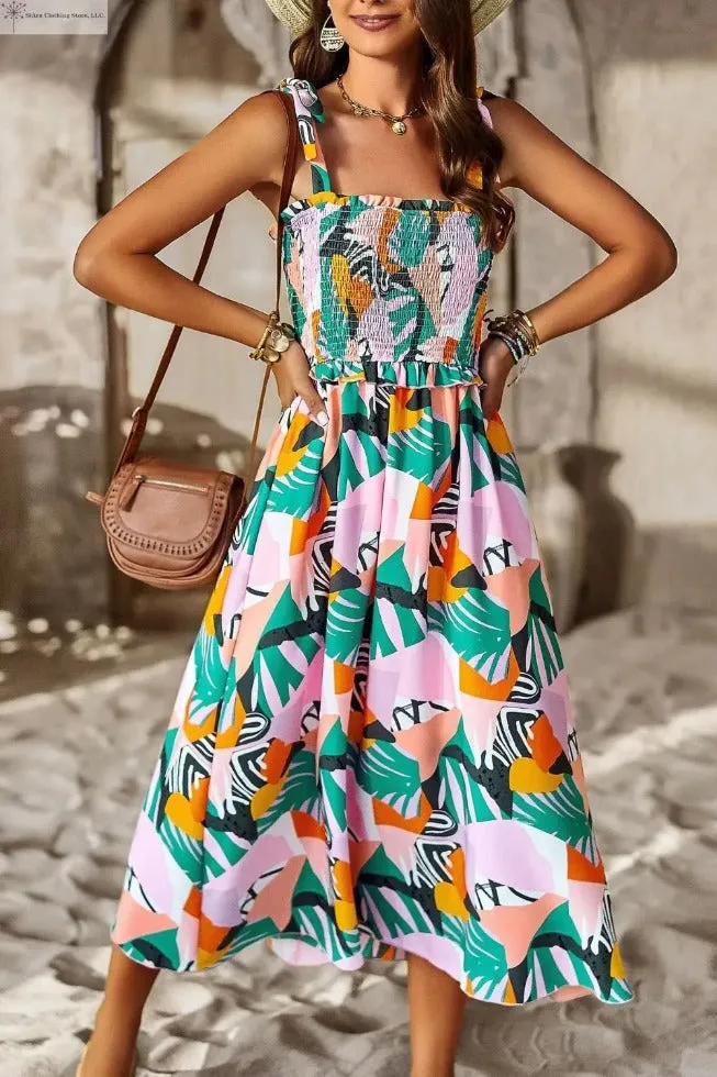 Tropical Midi Dress Tie shoulder