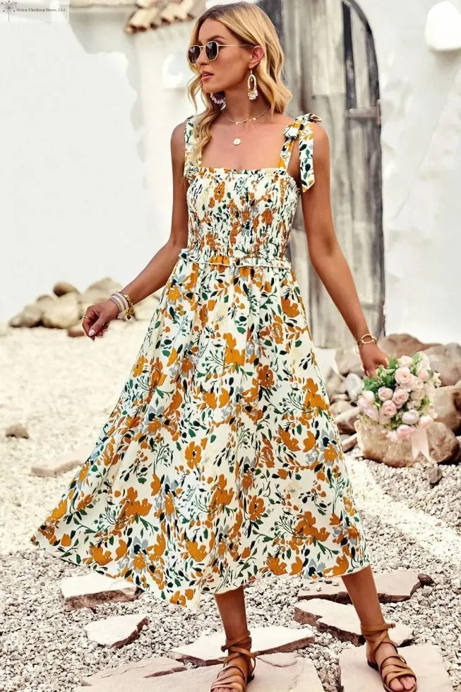 Tropical Midi Dress Tie shoulder